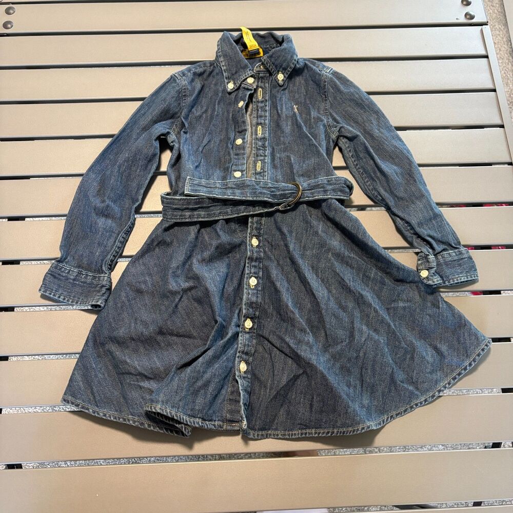Polo Ralph Lauren Girls Shirt Dress 4 Blue Denim Belted Waist Long Sleeve Collar - Picture 2 of 7